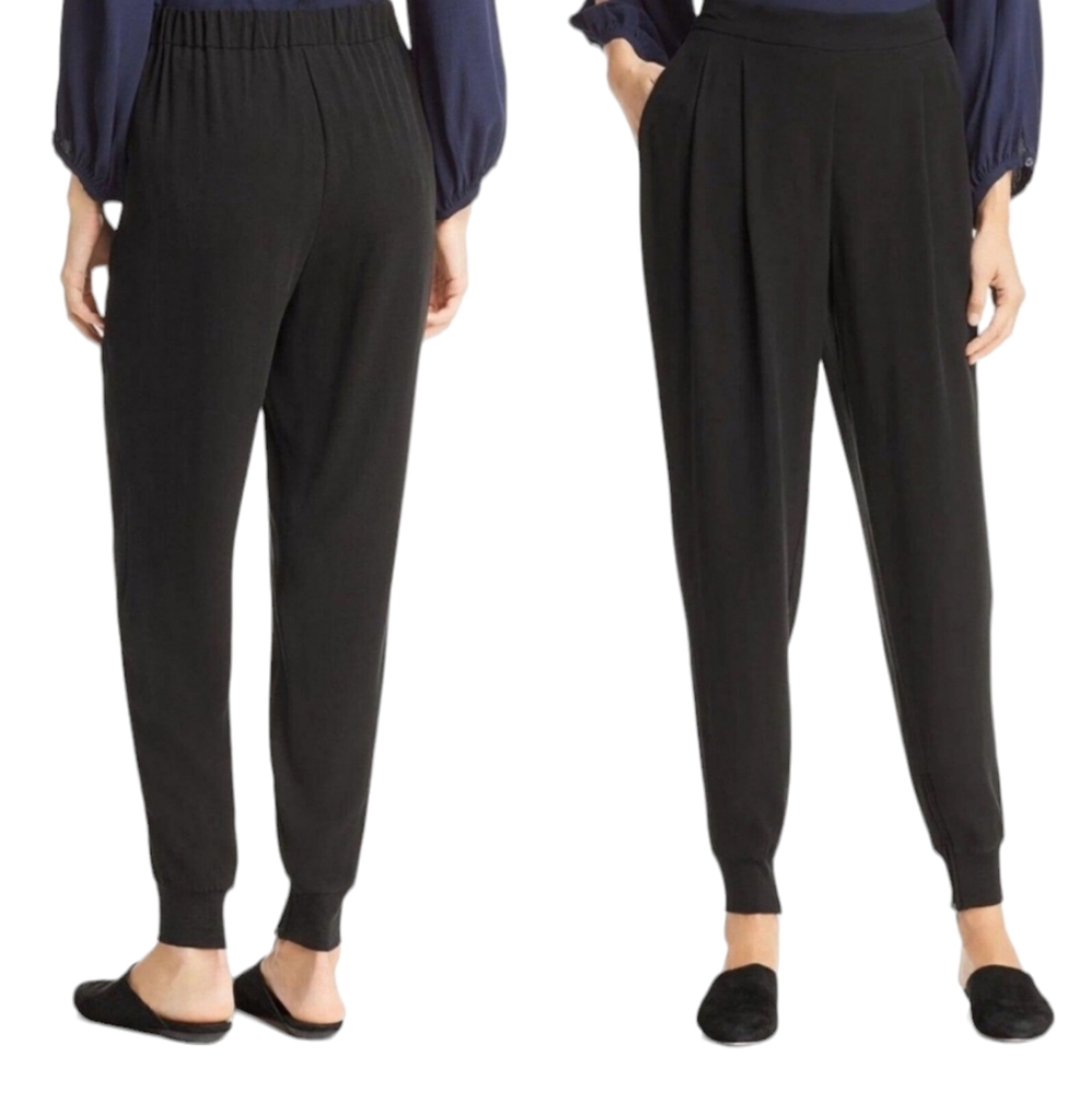 EILEEN FISHER 100% Silk Crepe Pull-on Jogger Trousers/Ankle-Zip Pants Black Sz L